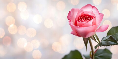 Pink rose with green leaves positioned on the left side against a blurred white background with soft bokeh lights, ideal for text overlay space.