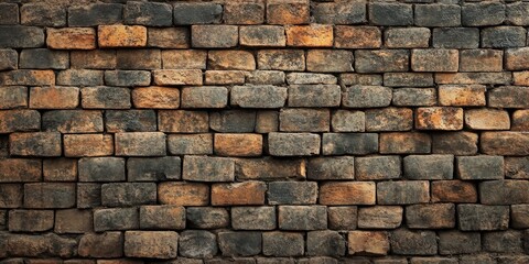 Fototapeta premium Vintage brick wall texture with dark and warm brown tones, featuring a rugged appearance and subtle vignette at the edges for a classic look.