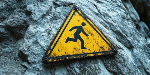 Caution sign with yellow triangular shape positioned on a rough gray rock background featuring a black figure running from danger of falling
