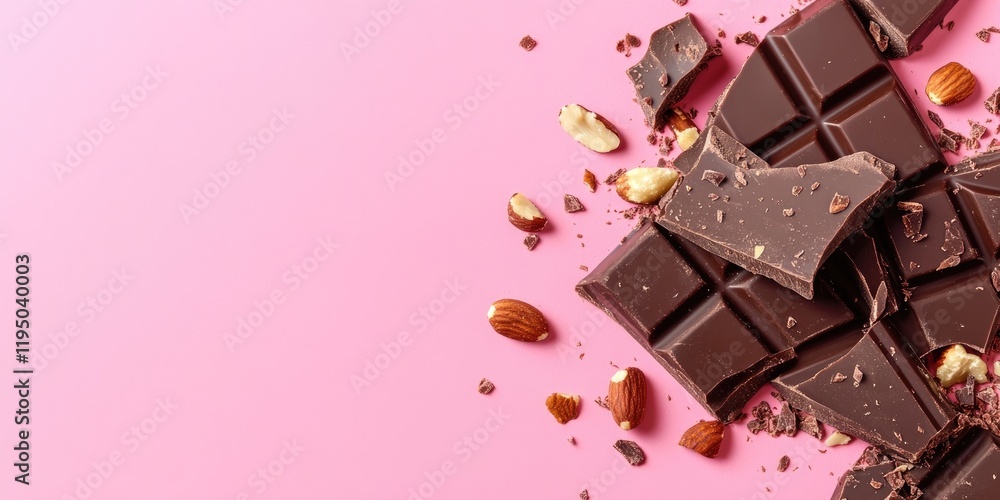 Poster dark chocolate pieces with nuts arranged harmoniously on a soft pink background, creating a delightf