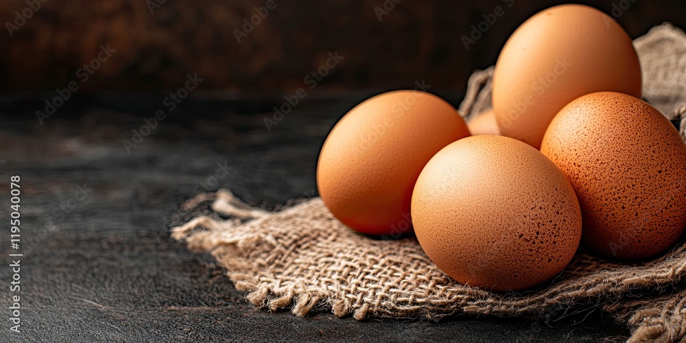 Poster brown eggs arranged on burlap fabric in the foreground with a dark textured background creating a ru