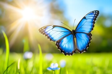 An exquisite blue butterfly, gracefully soaring through the enchanting meadow under the ethereal glow of sunlight