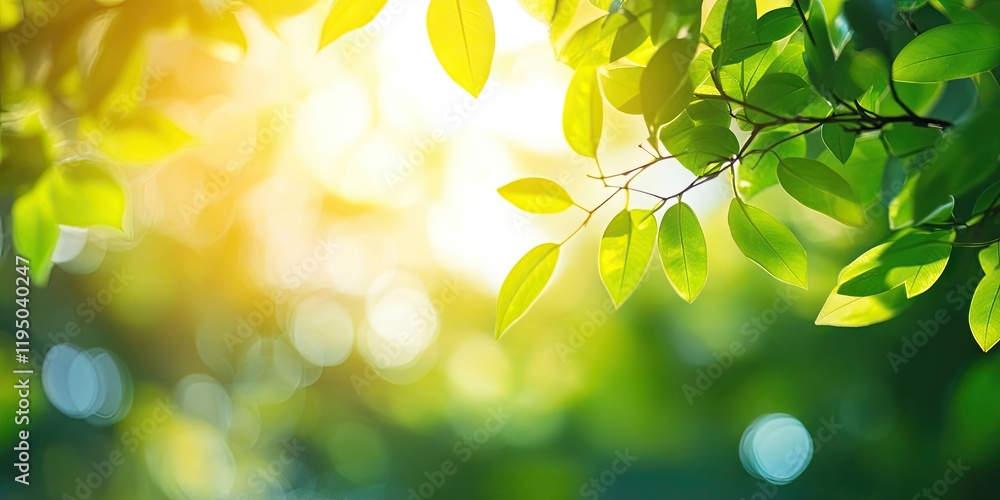 Poster vibrant green leaves with warm summer sunlight filtering through create a soft blurred background id