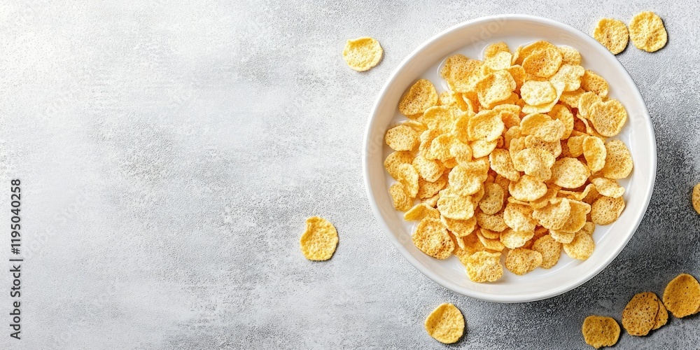 Poster bowl of cornflakes with milk on a light gray backdrop top view with scattered flakes around creating