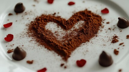 Fototapeta premium Close-up of cocoa powder forming a heart shape on a white surface with chocolate decorations around
