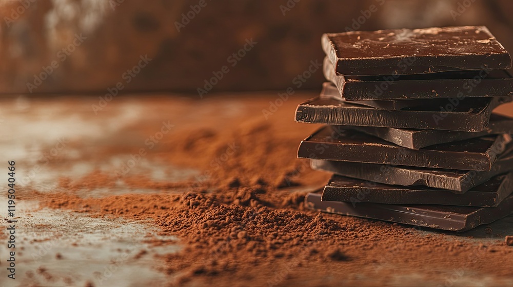 Poster close-up of milk chocolate bars stacked neatly on a rustic table with cocoa dust, space for text