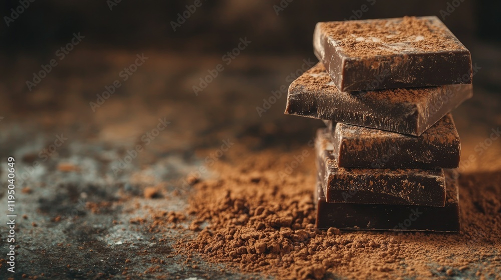 Poster close-up of milk chocolate bars stacked neatly on a rustic table with cocoa dust, space for text