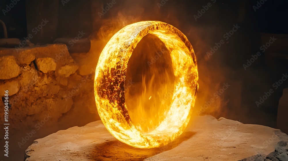 Poster glowing circular fire ring in dark workshop environment creating an enigmatic visual with vibrant fl