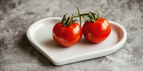Red cherry tomatoes on a white heart-shaped plate with a textured gray background showcasing fresh produce and romantic presentation.