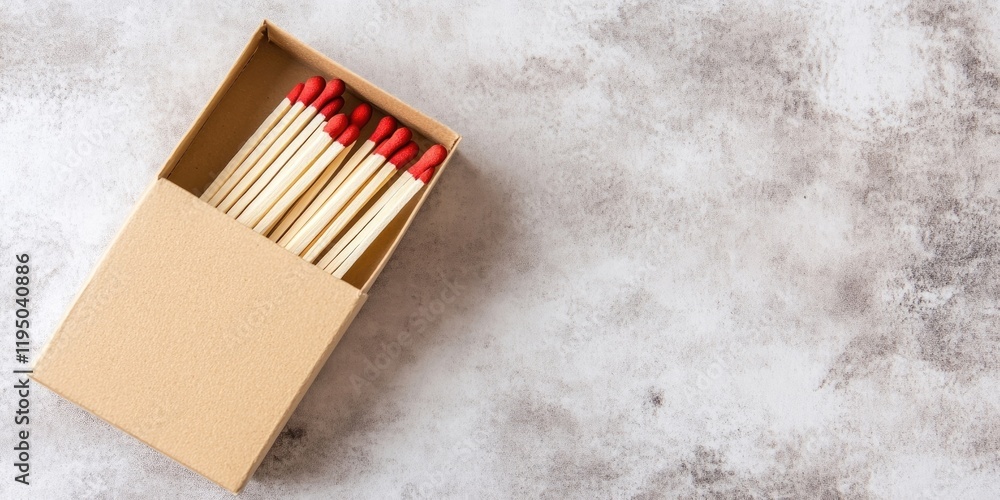 Poster cardboard box with red-tipped matches placed on a light gray textured surface viewed from above leav