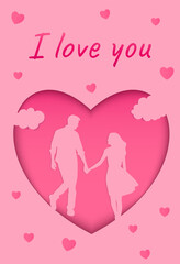 valentines day card with couple in love and hearts and paper cut style