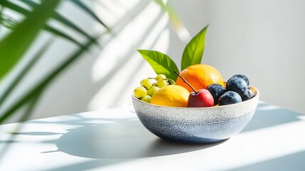 Colorful fruit bowl on table, fresh assorted fruits like apples and berries, bright natural light,...