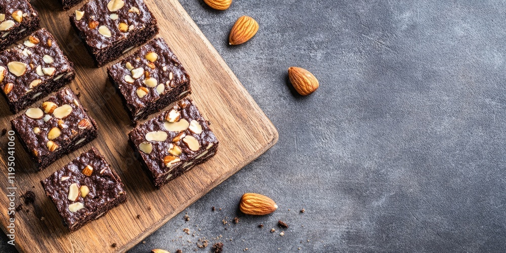 Poster brownie slices neatly arranged on a wooden chopping board with almonds and grated cheddar cheese on 