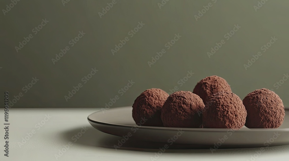 Poster cocoa-dusted truffles on a plate with a modern minimalist background and open space for text