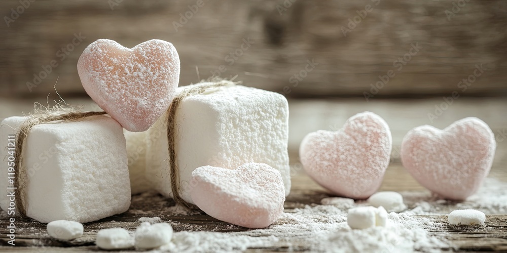 Poster delightful heart-shaped marshmallows stacked on rustic wooden background with soft pastel colors and