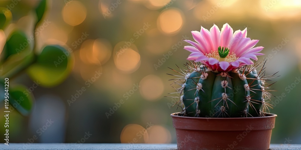 Poster cactus with vibrant pink flower in terracotta pot on balcony with soft bokeh background and ample co