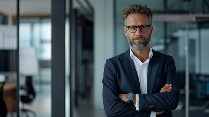 portrait of a successful confident businessman standing in modern office with crossed hands
