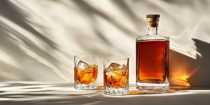 Bourbon whiskey in two glasses with ice beside a bottle on a white background featuring strong light and shadow patterns for a dramatic effect