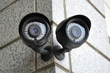 Surveillance cameras mounted on building, showcasing modern secu
