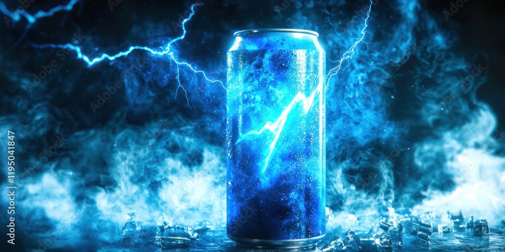 Poster can of soda is shown with a blue background and a lightning bolt