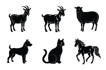 Animal silhouettes set. Domestic animals vector illustration