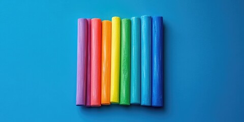 Obraz premium Colorful chalk sticks arranged in a horizontal line on a vibrant blue background showcasing pink, red, yellow, green, and blue hues.