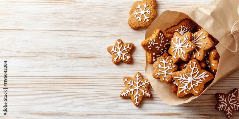 Poster baked gingerbread cookies with white icing snowflakes in a paper bag on a light wooden surface flat 