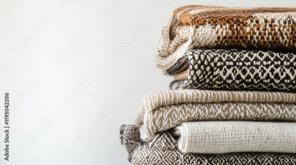 Poster warm textiles stacked neatly, showcasing intricate patterns and
