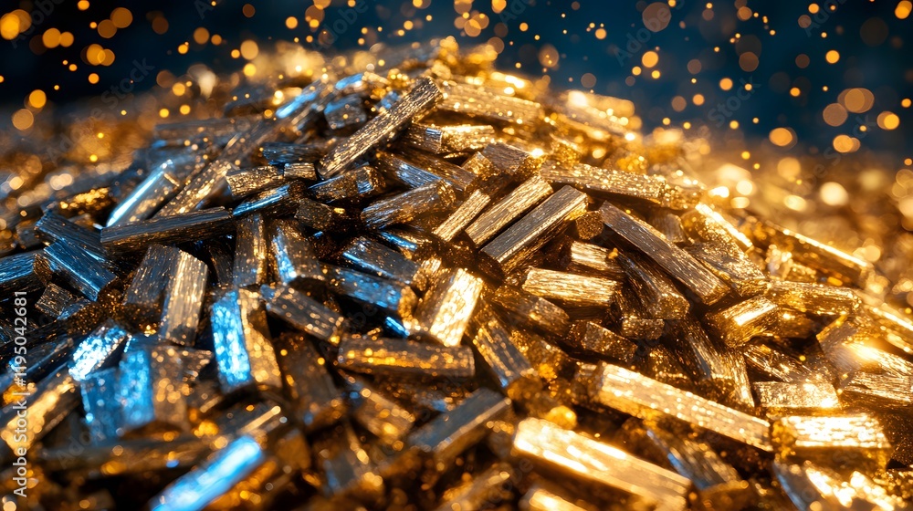 Poster a close-up view of sparkling gold bars and glittering shimmering particles creating a stunning backg