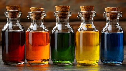 Colorful Bottles with Cork Stoppers Filled with Various Liquids Representing a Spectrum of Shades Ideal for Artistic or Decorative Themes