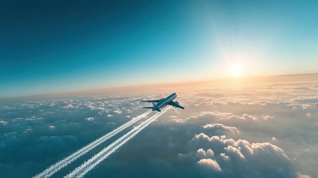 A plane flying through clouds at sunset, leaving a contrail in a clear sky.