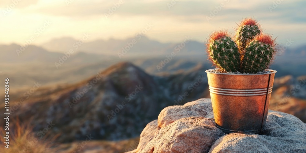 Aufkleber cactus in a metallic bucket on a rocky surface with mountains in the background under a soft light o