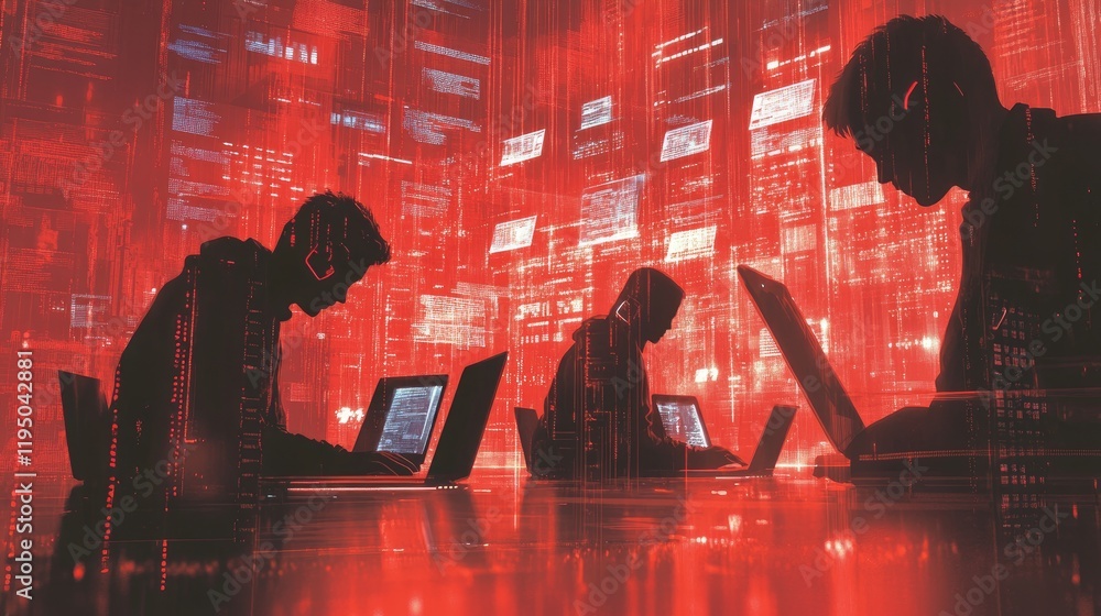 Poster Faceless hackers in red shadows working on laptops, with floating digital symbols and glowing lines, capturing the essence of cyber threats and hacking activities.