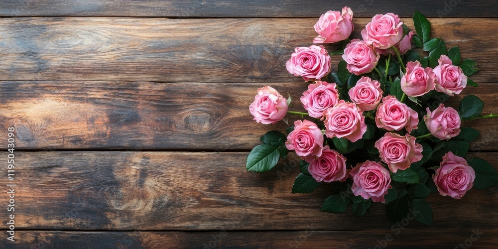Poster pink roses arranged in a circular shape on a rustic wooden table with green leaves around them and a