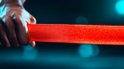 Close-Up of a Strong Hand Gripping a Red Resistance Band in a Dark Environment with Dramatic Lighting and Soft Bokeh Effect