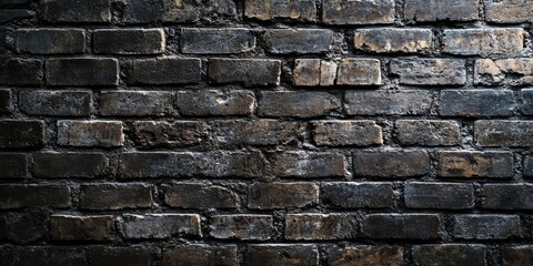 Obraz premium Dark textured brick wall backdrop with varied shades of black and brown, ideal for cover page usage, featuring unevenly laid bricks in a rectangular layout.