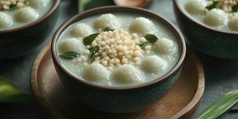 Indonesian dessert bubur pacar in a green bowl featuring sago pearls coconut milk and pandan leaves garnished with tapioca on a wooden surface