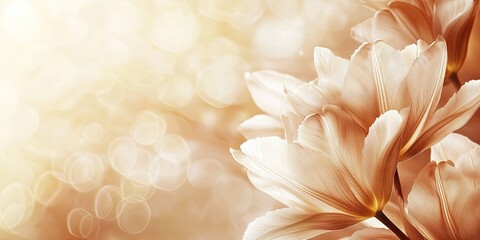 Obraz premium Elegant soft brown wallpaper with delicate white tulip petals positioned on the right, featuring a warm blurred background for text placement.
