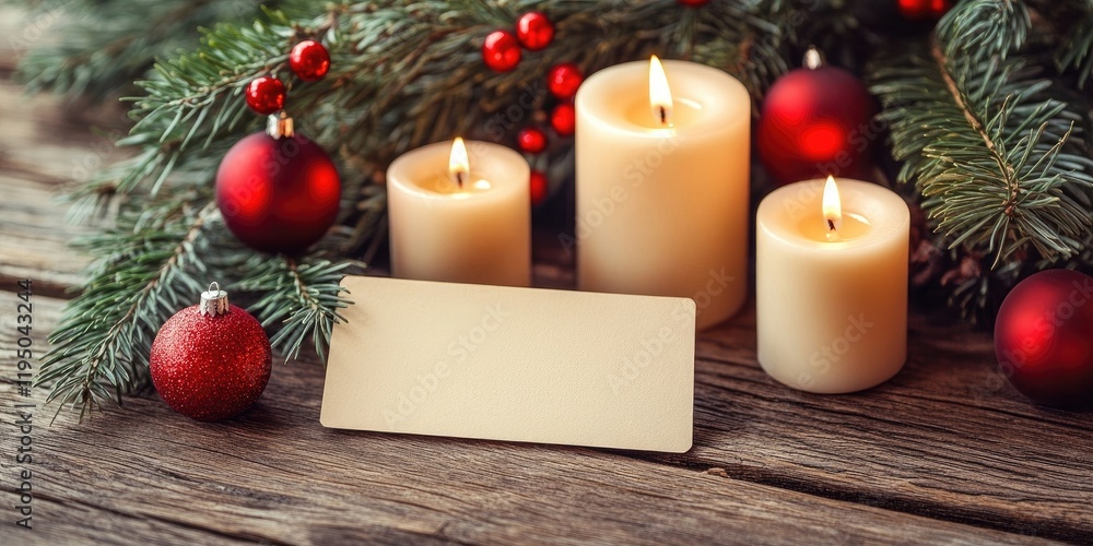 Poster three lit cream candles surrounded by red baubles and pine branches on a rustic wooden surface with 