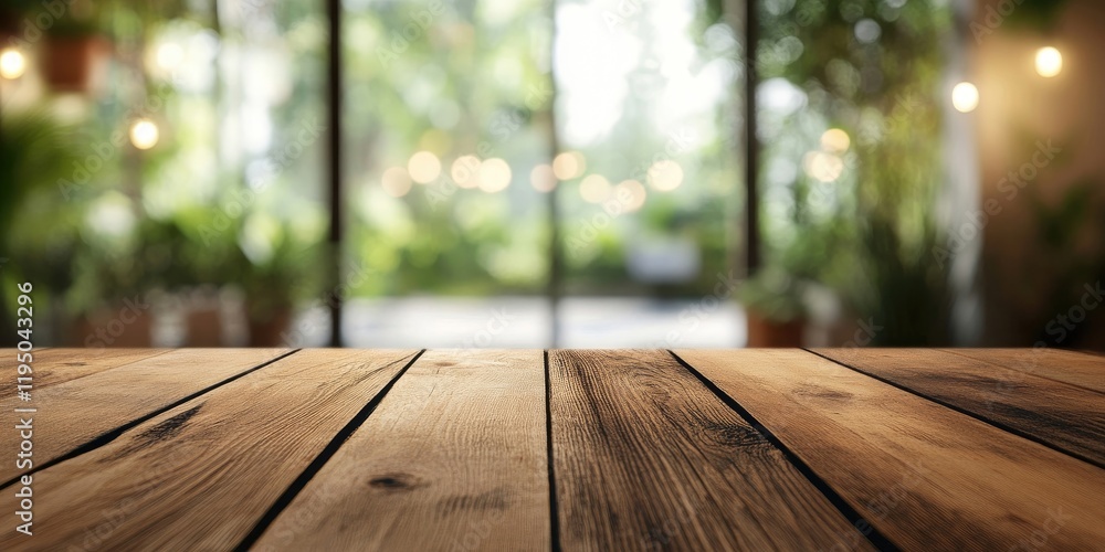 Poster Brown wooden table in the foreground with a blurred green bokeh background of indoor plants and lights creating an inviting product display setting.