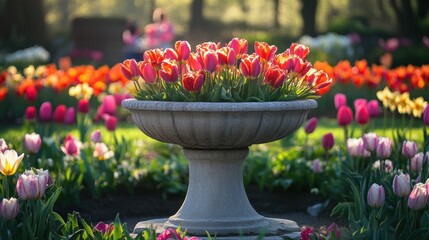 Naklejka premium garden oasis, in a bright spring morning, a garden surrounded by tulips, daffodils, and chirping birds embraces a natural stone pedestal