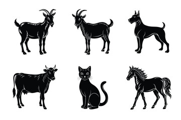 Animal silhouettes set. Domestic animals vector illustration