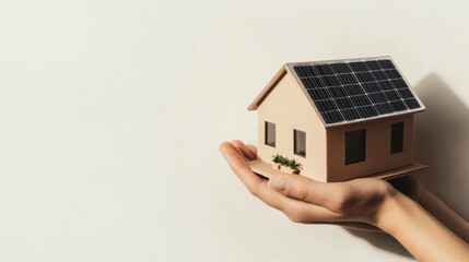 Hand holding eco-friendly miniature house with solar panels, sym