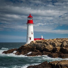 Scenic Lighthouse Photograph with Ocean Waves Crashing on a Rocky Coastline Under Stormy Skies