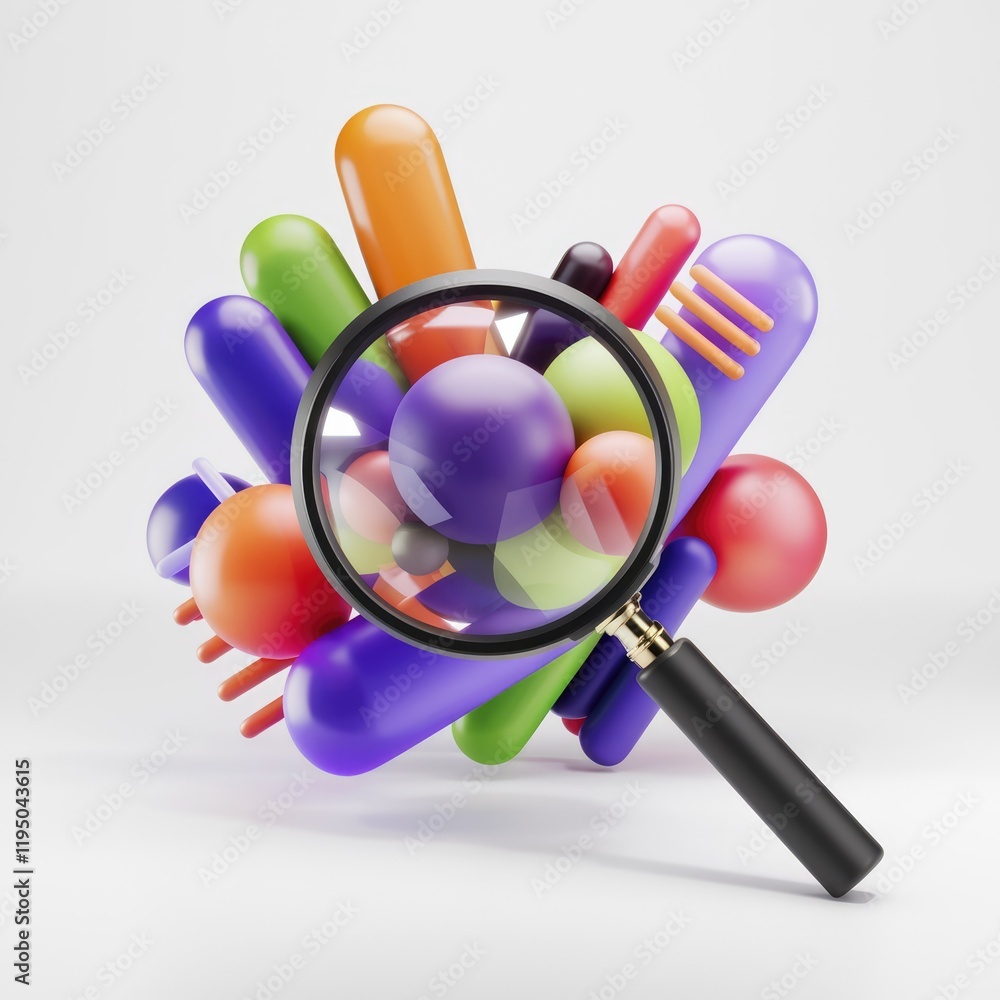 Poster A magnifying glass focuses on a cluster of vibrant, abstract 3D shapes, creating a visually engaging composition.