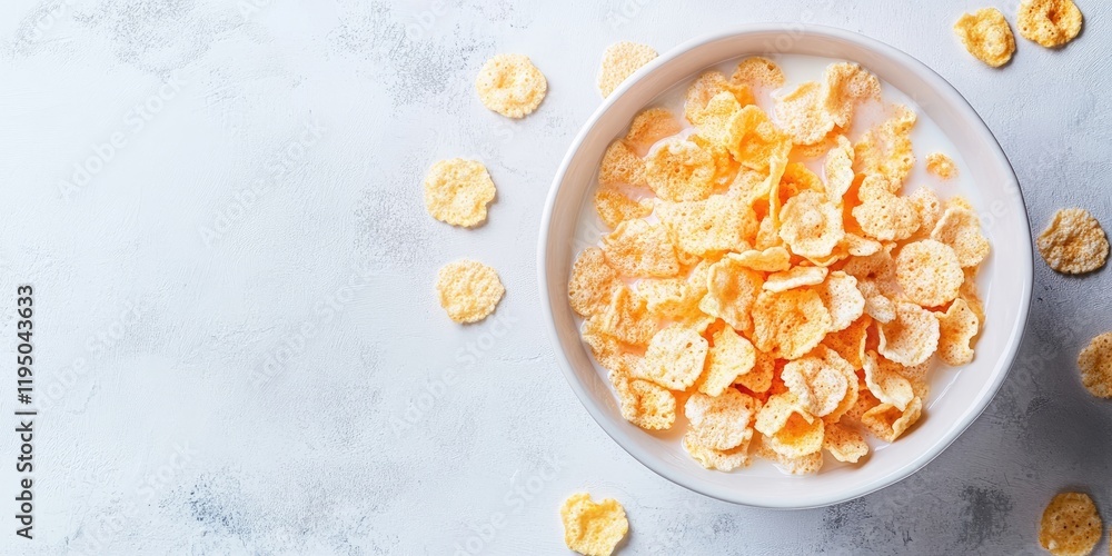 Poster bowl of cornflakes with milk on a light textured backdrop with scattered flakes around creating a cl