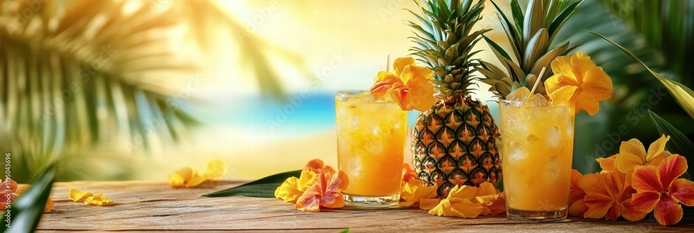 Poster enjoying tropical drinks and fresh pineapples at a summer picnic on the beach with vibrant flowers. 