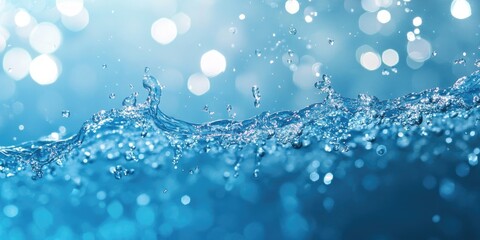 Shimmering blue water surface with splashes and bubbles illuminated by sunlight creating a tranquil abstract background for text placement