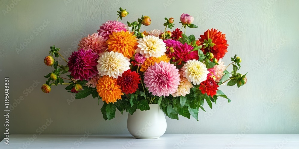 Poster vibrant autumn dahlias in a white vase on a white table against a soft green wall background with am