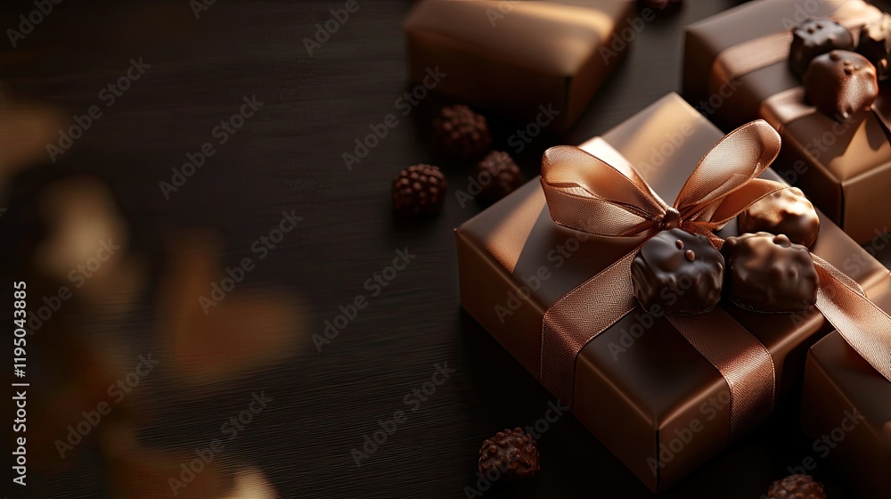 Poster gift-wrapped chocolate boxes and sweets with soft lighting and empty space for text